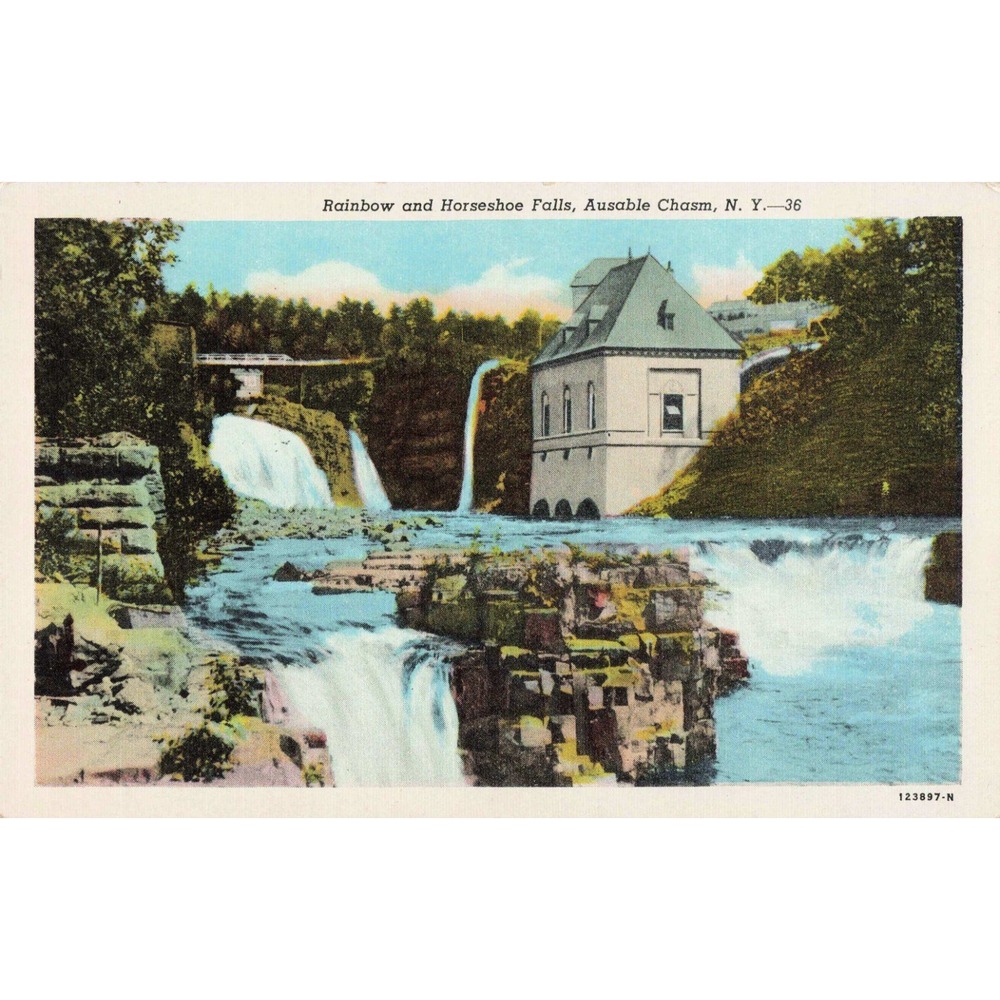 Rainbow and Horseshoe Falls Ausable Chasm NY Vintage Linen Postcard 36 123897-N